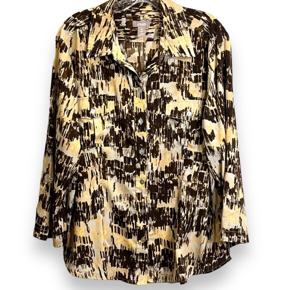 Chicos Button Blouse Top Size 3 Stretch Pockets Abstract Artsy‎ Easter XL - Picture 1 of 10